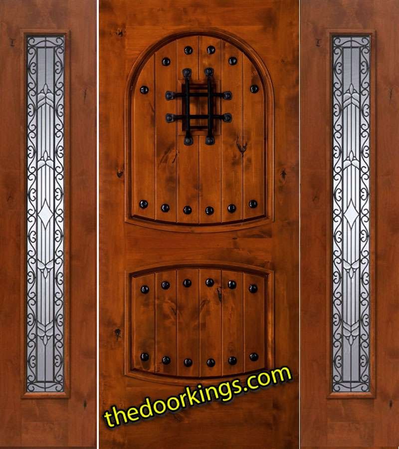 10 panel wood door with two sidelites and a half round transom